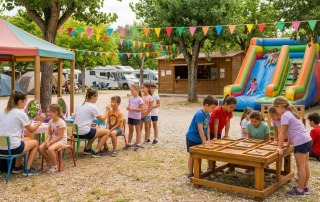 Nens i nenes participant en activitats infantils per a càmpings, amb taller de maquillatge infantil, jocs gegants de fusta i un inflable de colors, en un ambient familiar a l’aire lliure.