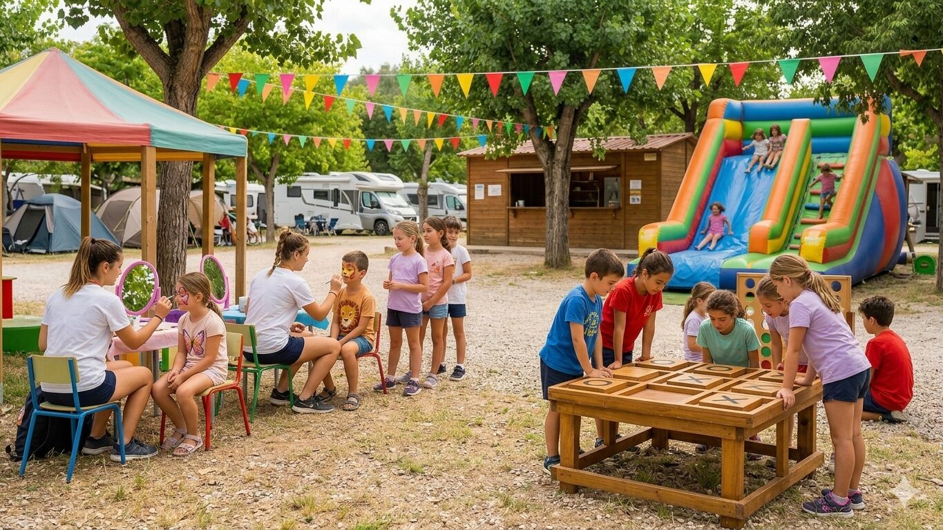 Nens i nenes participant en activitats infantils per a càmpings, amb taller de maquillatge infantil, jocs gegants de fusta i un inflable de colors, en un ambient familiar a l’aire lliure.